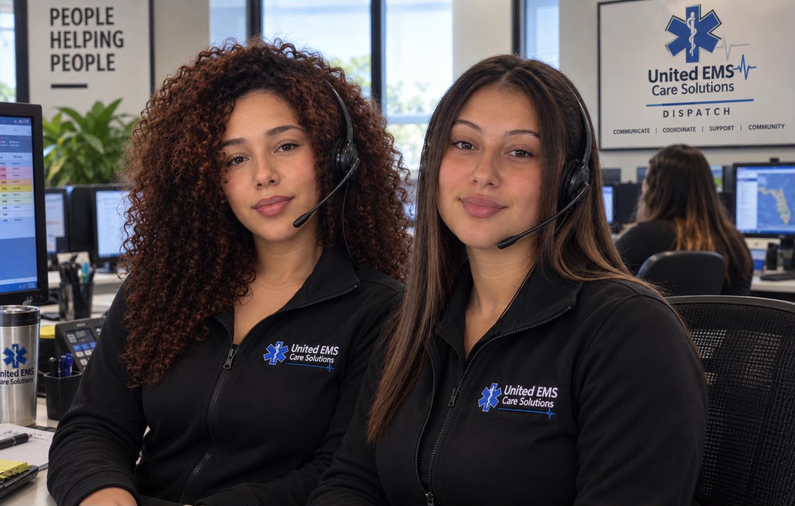 United EMS Care Solutions dispatch team wearing headsets in the dispatch office