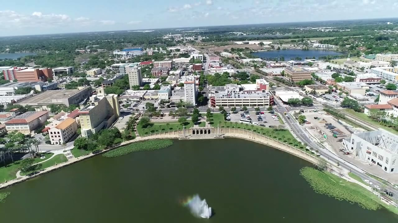 Aerial view of downtown Lakeland and Lake Mirror in Polk County, Florida