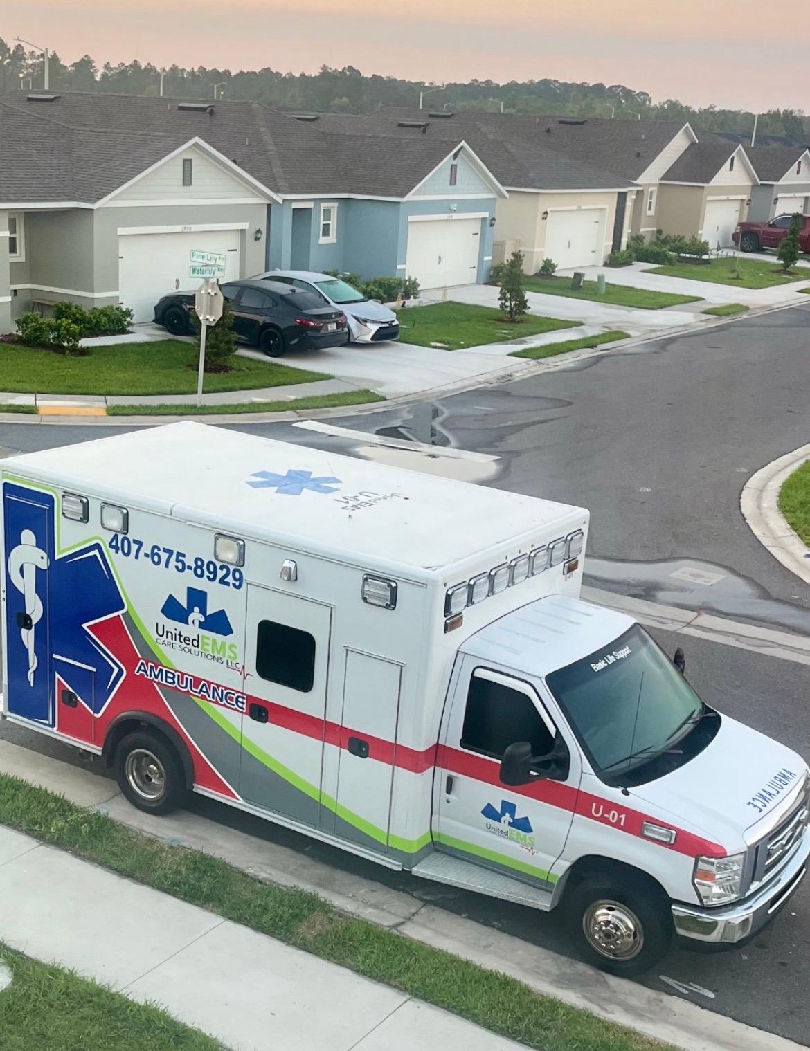 United EMS Care Solutions ambulance serving a Central Florida neighborhood