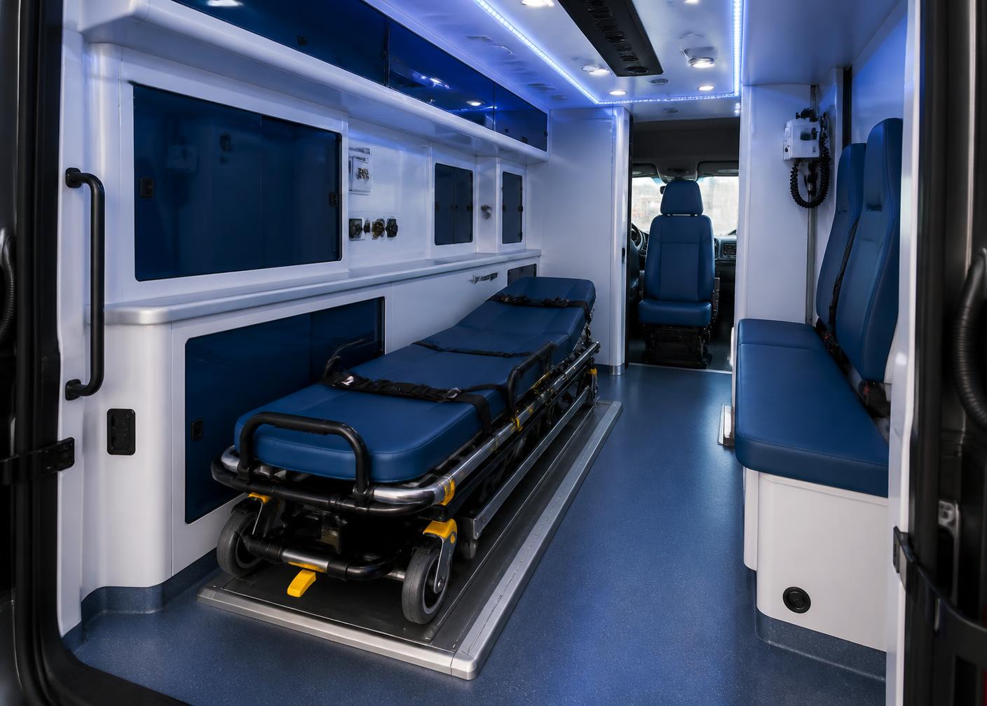 Clean, modern interior of a United EMS medical transport vehicle with a secured stretcher